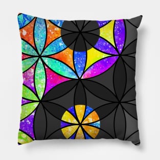 Rainbow Geometric Circle Flower Mandala - Yin Yang Black Pillow