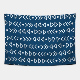 Dark Navy Blue and White Modern Triangles Hand Drawn Pattern Tapestry