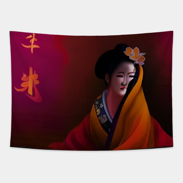 Geisha in red. Tapestry by CreaKat