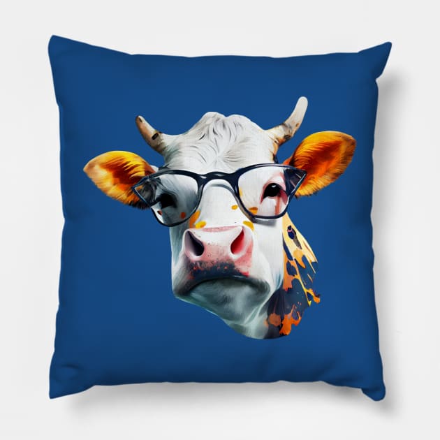 Funky Cow with Glasses, Watercolor Painting Pillow by KOTOdesign