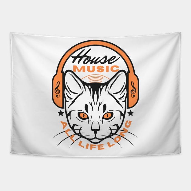 HOUSE MUSIC - Headphone Cat (Orange/Black) Tapestry by DISCOTHREADZ 