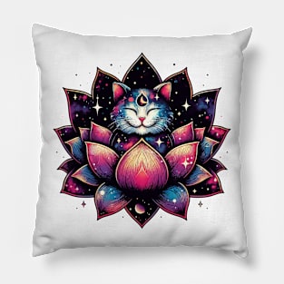 Colorful Abstract Cosmic Cat in Lotus Flower Pillow