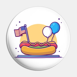 Tasty Hotdog on Plate with USA Independence Day Flag And Balloon Cartoon Vector Icon Illustration Pin