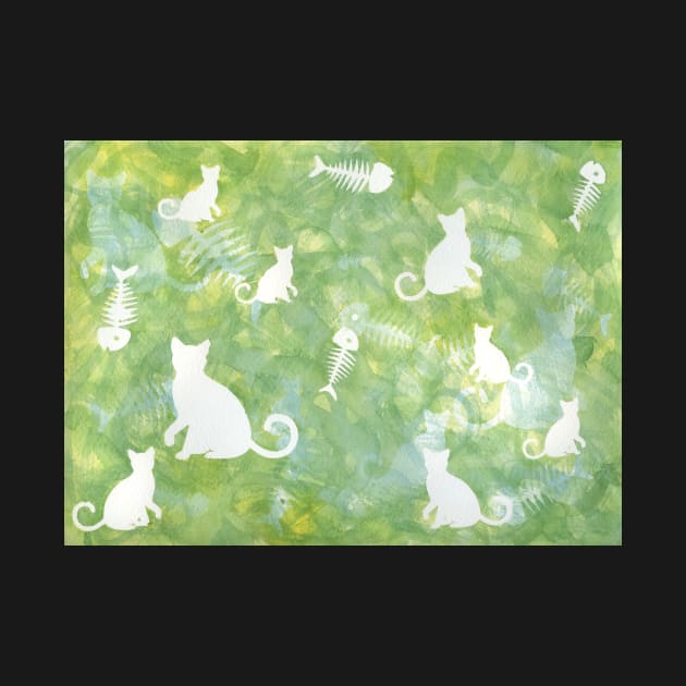 Green Watercolor Cat and Fish Bone Painting by gloobella