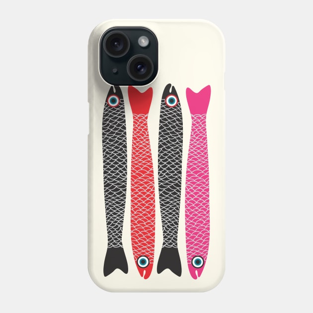 ANCHOVIES Bright Graphic Fun Groovy Fish in Black Red Pink - Vertical Layout - UnBlink Studio by Jackie Tahara Phone Case by UnBlink Studio by Jackie Tahara