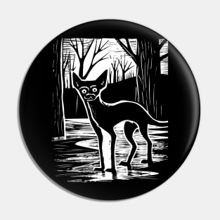 Chupacabra Night Stalking Black and White Art - Cryptid Noir Pin