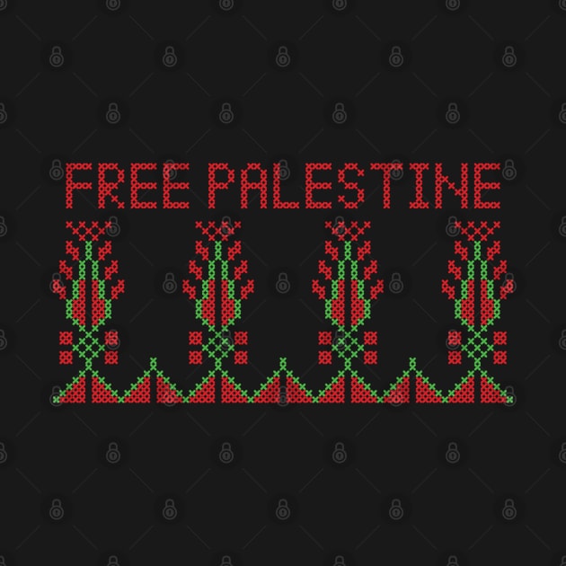 Realistic Palestinian Tatreez Embroidery Pattern Design Free Palestine Quote red-grn by QualiTshirt