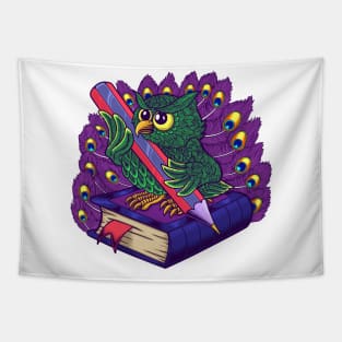 Owl bird with book and  pencil colorful design Tapestry