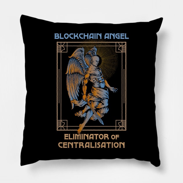 Blockchain Angel - Eliminator of centralisation (black background) Pillow by Hardfork Wear