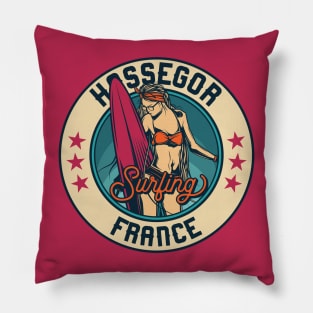 Vintage Surfing Badge for Hossegor, France Pillow