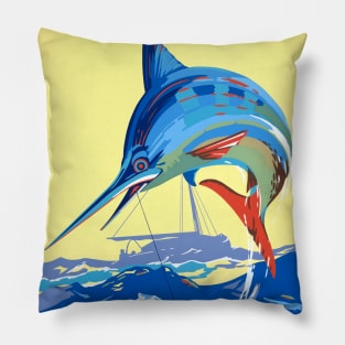 Vintage Travel Poster Deep Sea Sport in New Zealand Waters Pillow