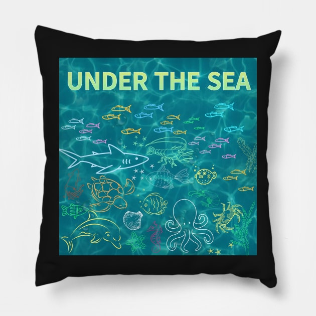 under the sea,blue sea,sea creatures,Turtle, puffer fish, starfish, shrimp, shark, tropical fish, sea horse, seaweed, sardines, squid, crabs, clams Pillow by zzzozzo