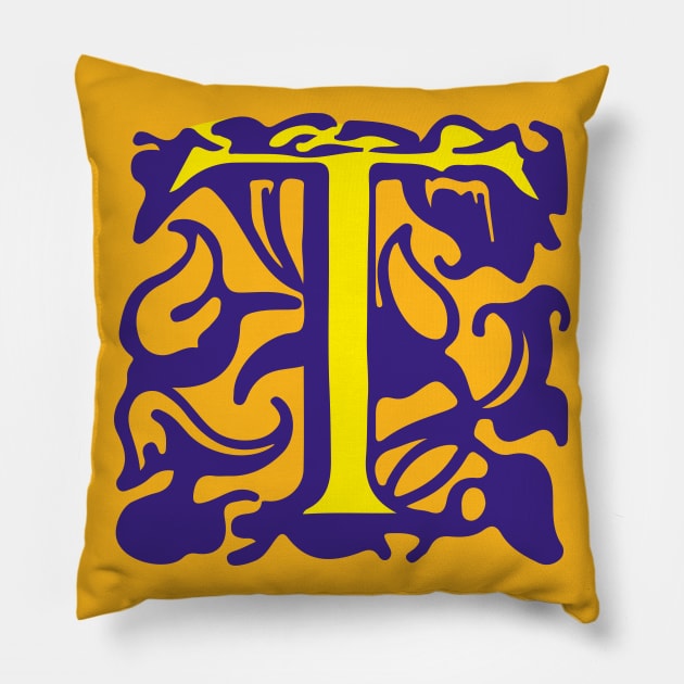 Letter T in yellow with violet ornaments Pillow by Creative Art Store