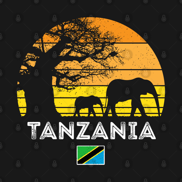 Tanzania Elephant Safari Vintage Sunset Baobab Africa Flag by BraaiNinja