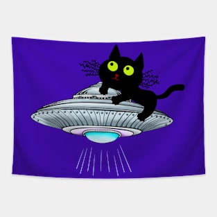 Lucky Black Cat on a UFO Tapestry