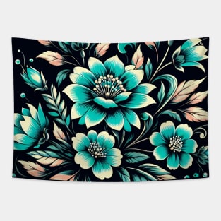 Turquoise Floral Illustration Tapestry