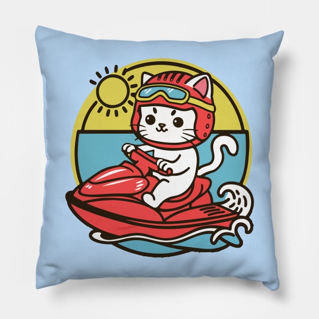 Cute Cat Jet Skiing Summer Gift Pillow by GrafiqueDynasty