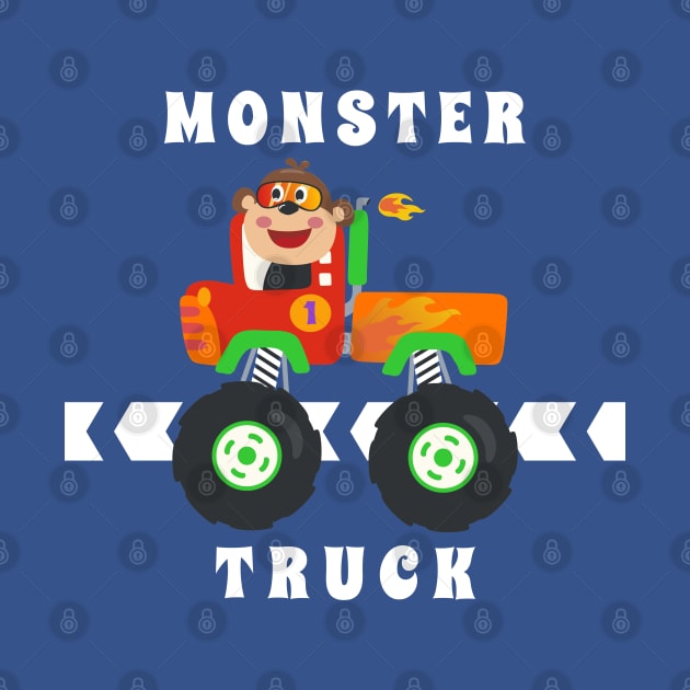 Cartoon vector of monster truck with little animal driver. by KIDS APPAREL