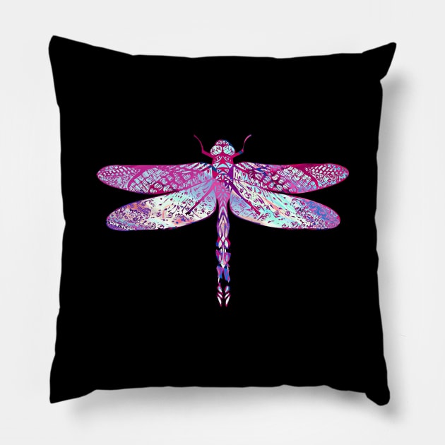 Ornate Dragon Fly Colorful Insect Illustration Pillow by VintCam