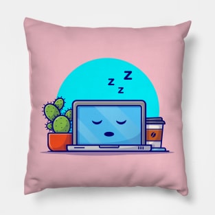 Sleeping Laptop With Cactus And Coffee Cartoon Vector Icon Illustration Pillow