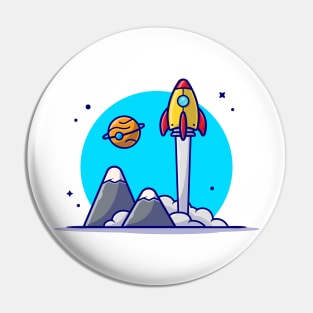 Space Shuttle Taking Off with Planet and Mountain Space Cartoon Vector Icon Illustration Pin