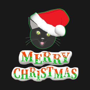 Merry Christmas Smiling Cat Wearing a Santa Claus Hat (Text on Bottom) T-Shirt