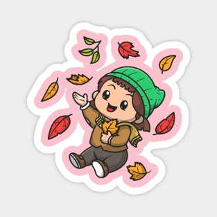 Cute Girl In Autumn Cartoon Magnet