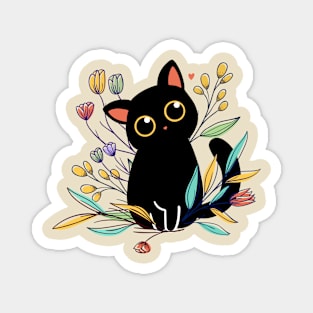 black cat & flowers Magnet