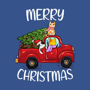 Cute Christmas Kitties - Vintage Retro Xmas Truck, Blue, Funny T-Shirt