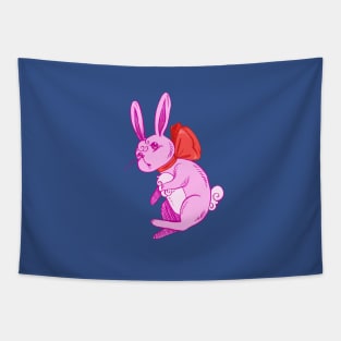 Confused Pink Bunny in Red Bow Tapestry