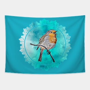 Lovely Robin Bird Drawing with Turquoise Background Tapestry