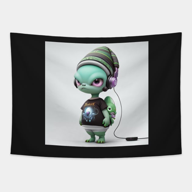 Alien wearing hat and headphones Tapestry by JessicaErinArt