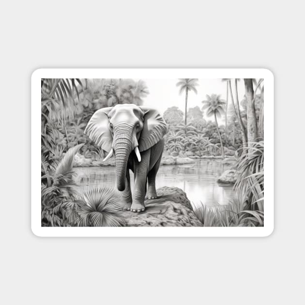 Elephant Animal Discovery Wild Nature Ink Sketch Style Magnet by Cubebox