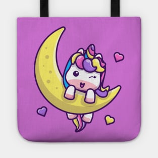 Cute Unicorn On Moon Cartoon Tote