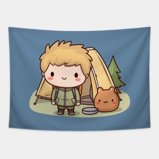 Kawaii camper boy with a tent and his cute friend Tapestry