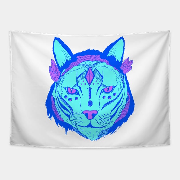 Blue Mystical Tribal Cat Tapestry by kenallouis