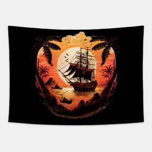 Vintage Sunset Raiders: A Pirate Ship Adventure Tapestry