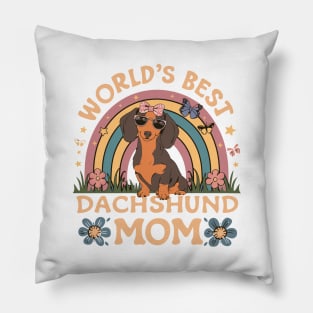 Worlds Best Dachshund Mom Colorful Rainbow and Flowers Theme Pillow