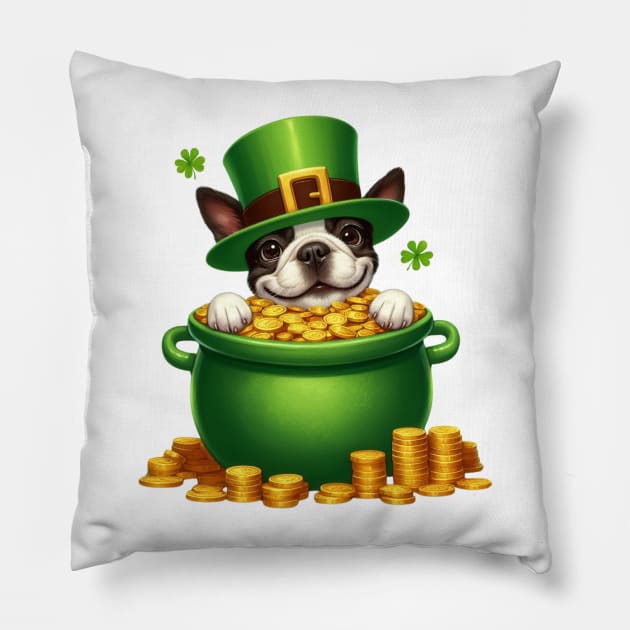 St Patricks Day Boston Terrier Dog Pillow by Chromatic Fusion Studio