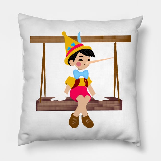 Pinocchio sitting on a swing bench. Pillow by zinfulljourney