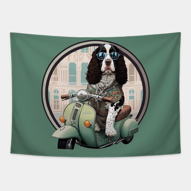 Super Cool English Springer Spaniel on a Vespa! Tapestry by Bee's Pickled Art