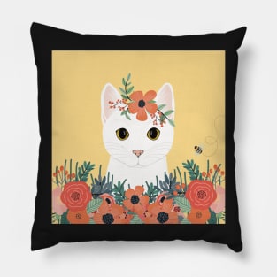 The cute white cat queen is watching you from the flowerbed Pillow