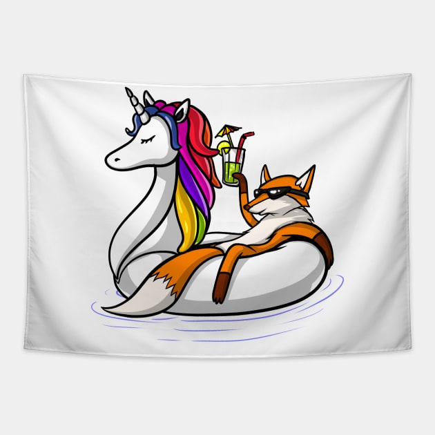 Fox Riding A Unicorn Float Tapestry by underheaven