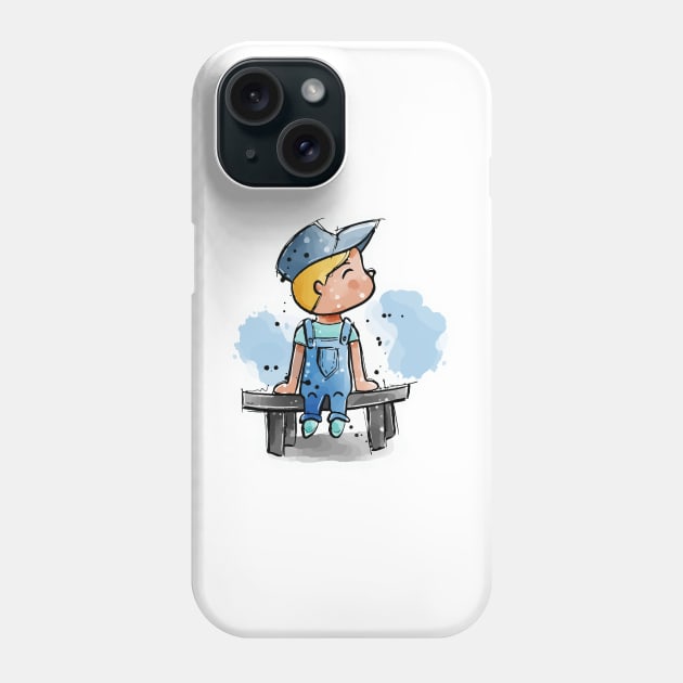 Cute little cartoon boy sitting on a bench Phone Case by Sissely