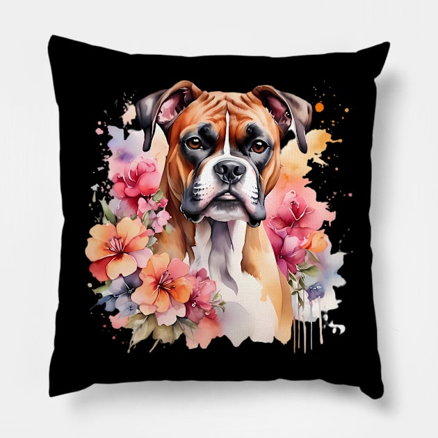 A boxer dog decorated with beautiful watercolor flowers Pillow by CreativeSparkzz