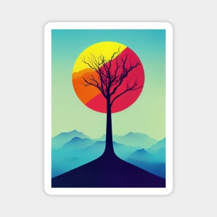 Lonely Tree in Misty Mountains at Dusk Vibrant Colored Whimsical Minimalist - Abstract Minimalist Bright Colorful Nature Poster Art of a Leafless Branches Magnet