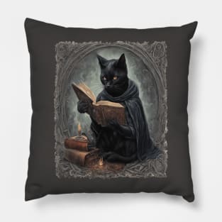 A Black Cat Wearing A Cloak Studying Halloween Spells Pillow