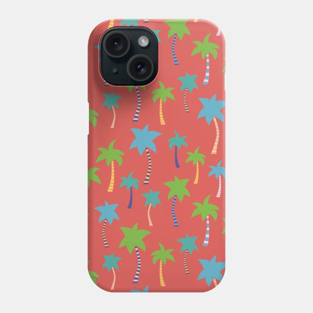 Palm trees on a red background. Colorful palm trees. Green, blue, teal, yellow, and white palm trees on red. Tropical pattern. Summer print. Phone Case by Sandra Hutter Designs