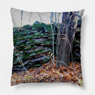 Old mossy rock wall in the forest Pillow