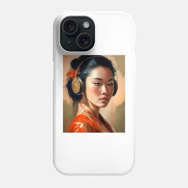 Music Lover-Listening to Music with Earphones-Asian Woman Phone Case by Unboxed Mind of J.A.Y LLC 